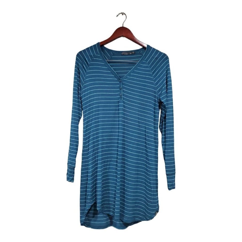 Prana Women's Teal Striped Long-Sleeved Henley Shift Dress V-Neck Buttons Sz XS
